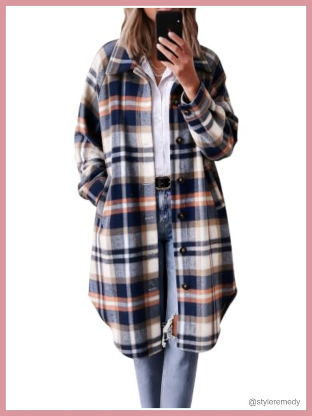 Long Plaid Flannel Shacket Button Down Trench Coat Loose Fit